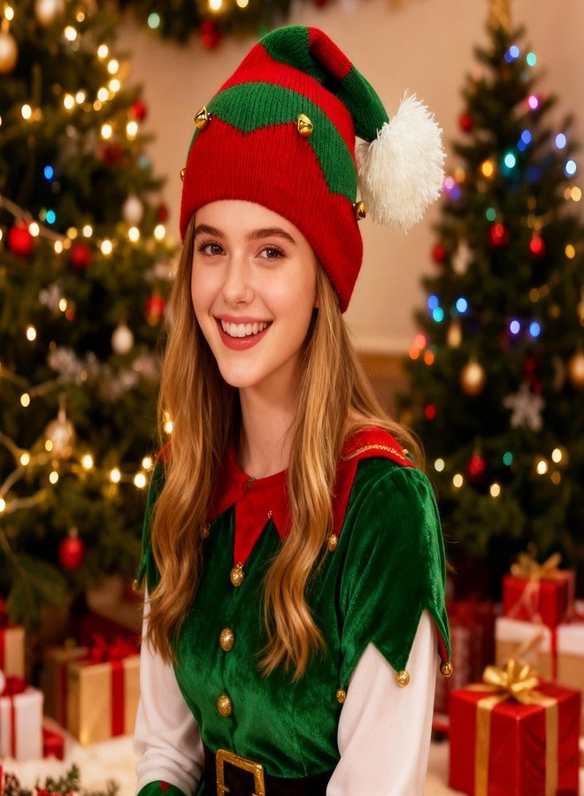 Dkomekii Adult Elf Knitted Hat for Women Men Beanie Christmas Knit Xmas Santa Hat Beanie Jingle Bell Elf Christmas Hat - Image 2